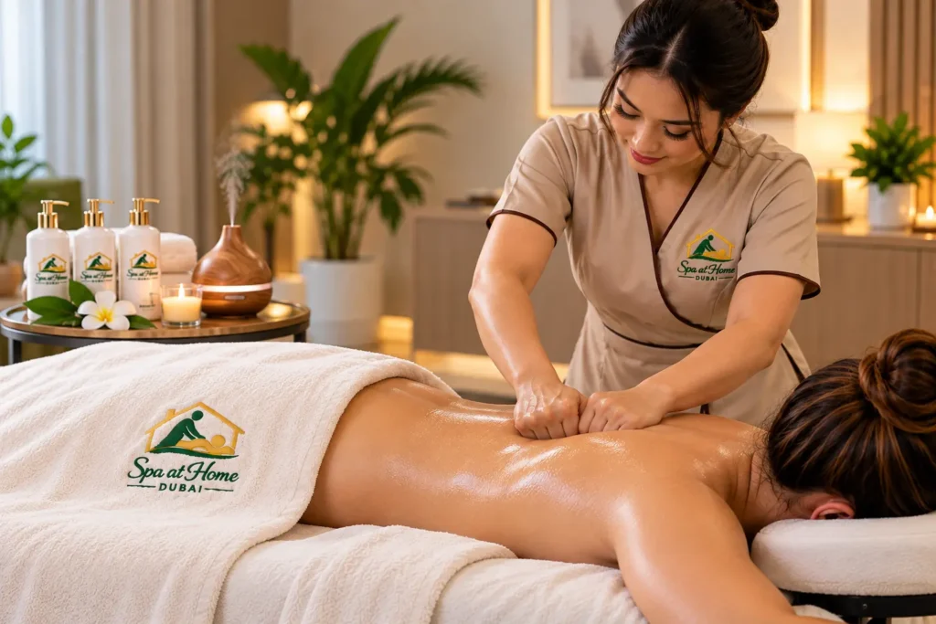 warm spa massage with branded towels